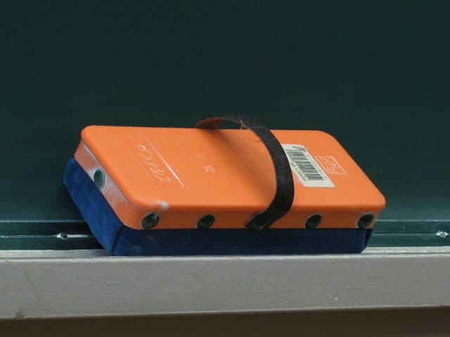 Felt blackboard eraser on a chalk tray