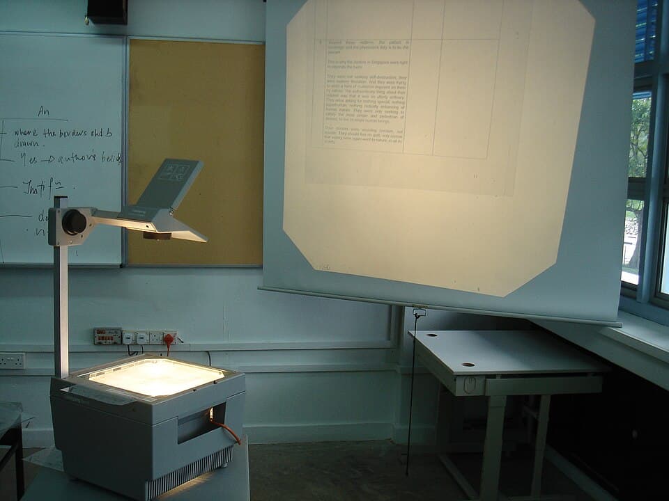 Classroom overhead projector displaying a transparency