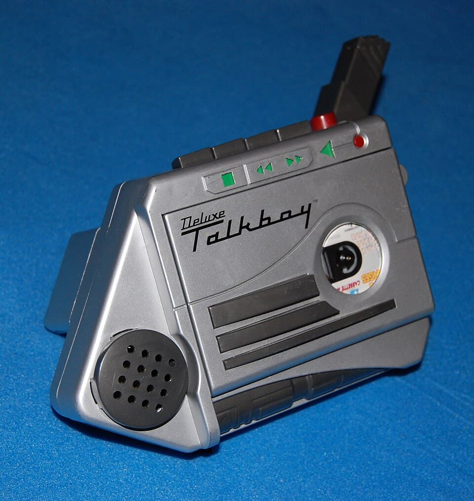 A vintage 1990s Tiger Electronics Talkboy handheld cassette recorder.