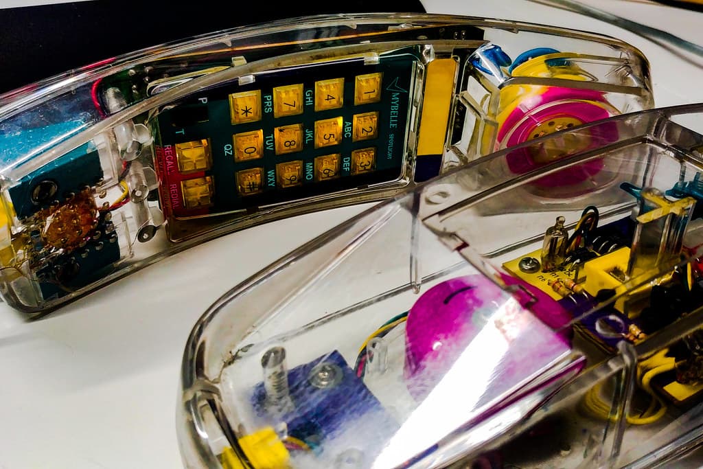 Transparent landline telephone handset showing its circuitry