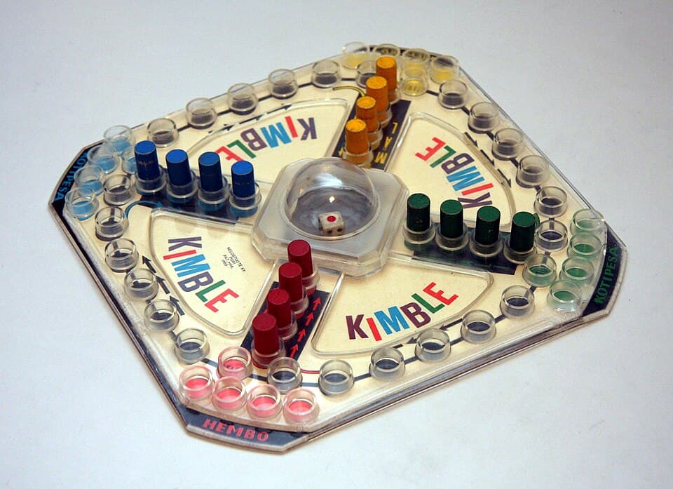 Vintage 1968 Pop-O-Matic game board with clear dice dome and colored pegs (Kimble, the Finnish edition of Trouble)