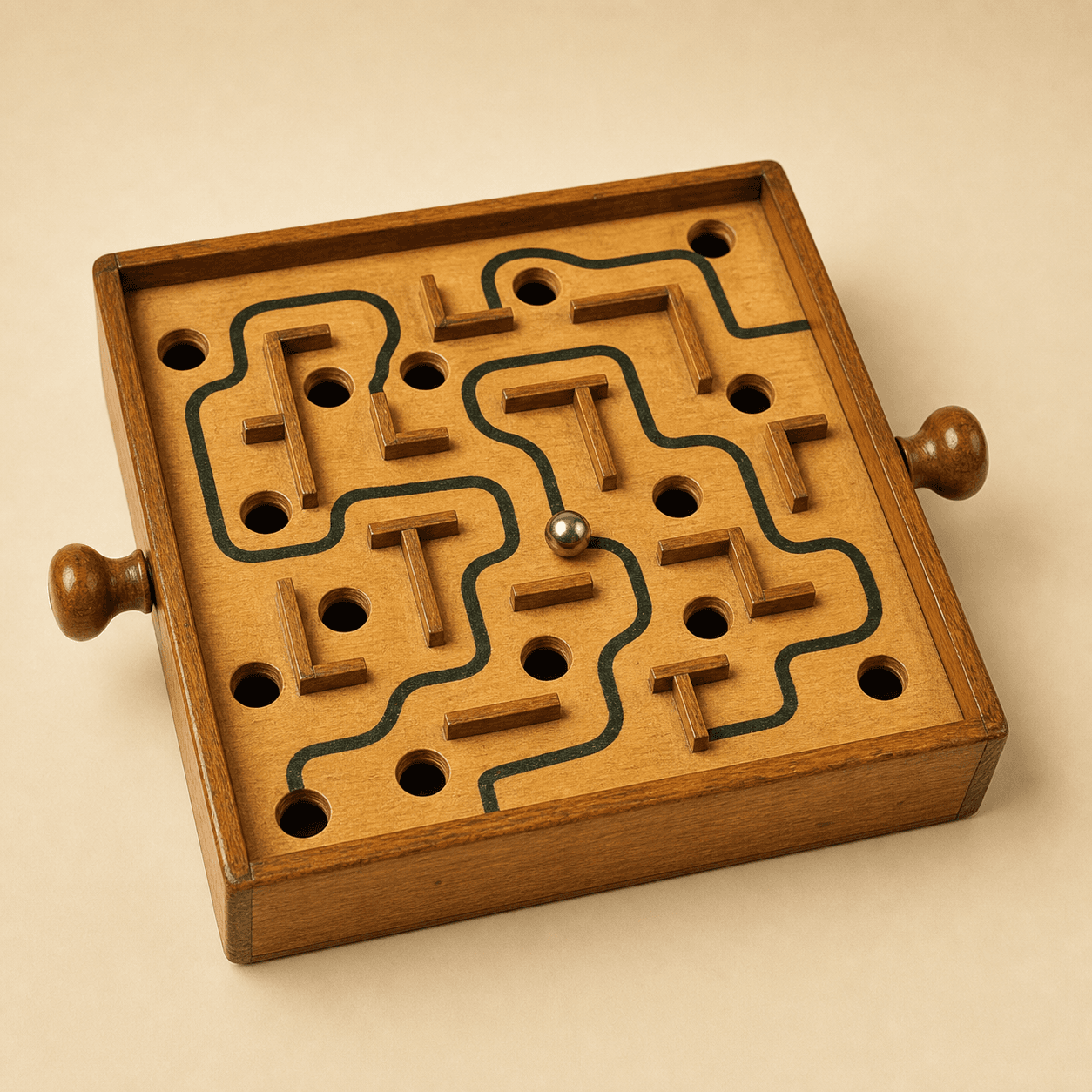 Classic wooden marble maze with tilt knobs and a metal ball