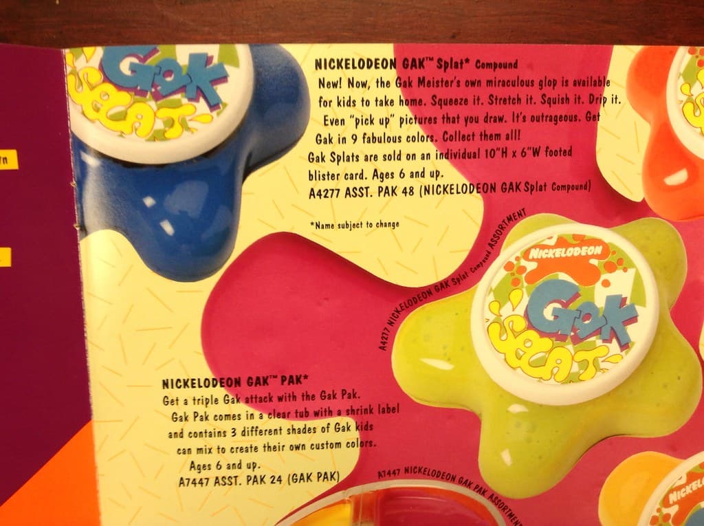 Nickelodeon Gak containers pictured in a vintage toy catalog