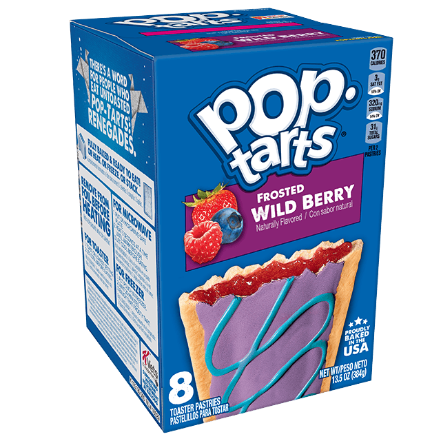 Frosted Wild Berry Pop-Tarts box showing purple frosting and blue icing stripes