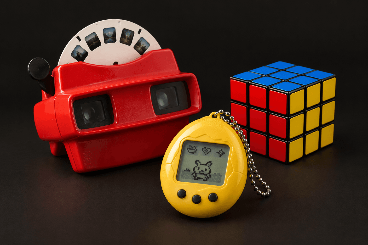 Illustration of a yellow digital pet, red slide viewer, and colorful puzzle cube