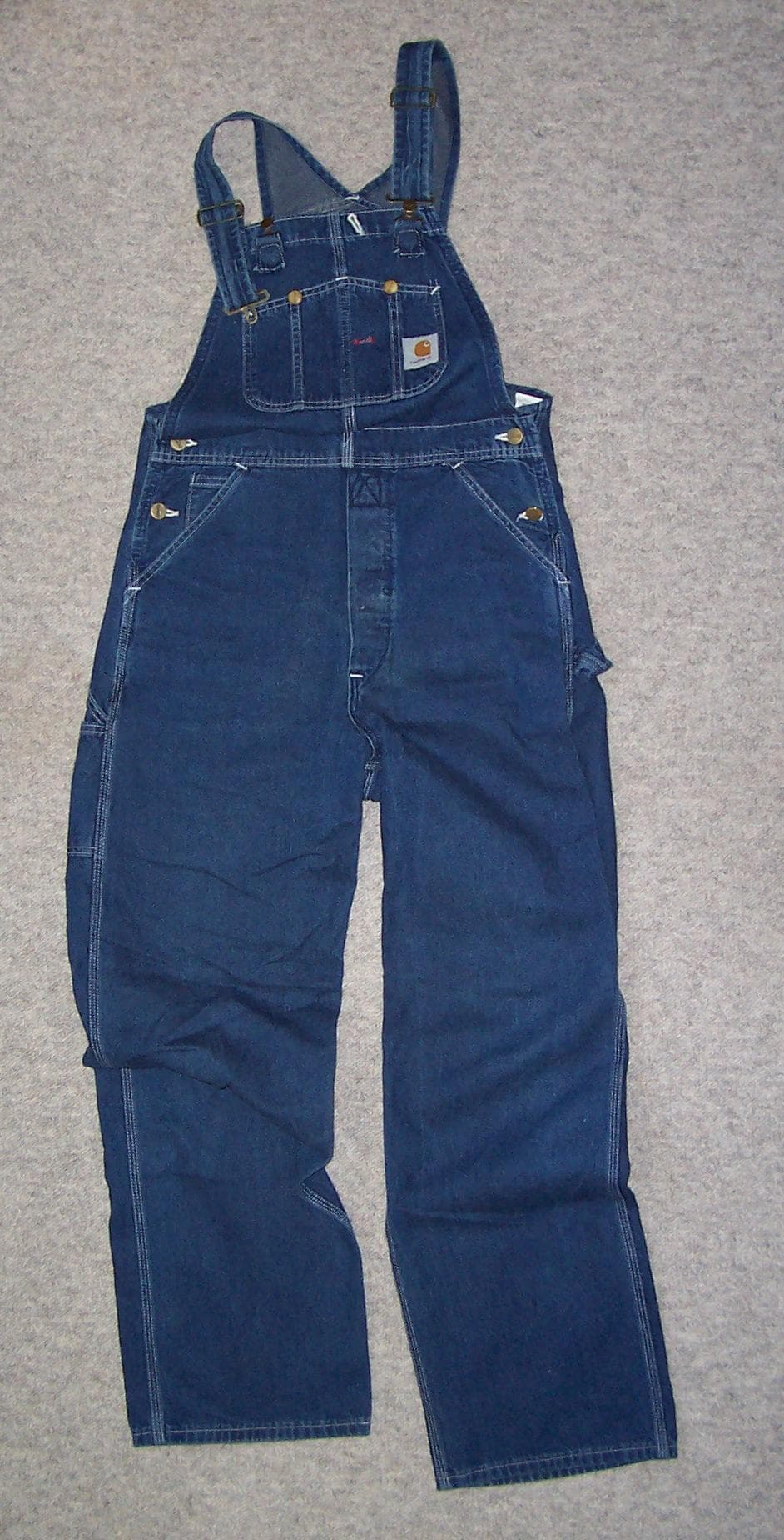 Denim bib overalls, flat lay